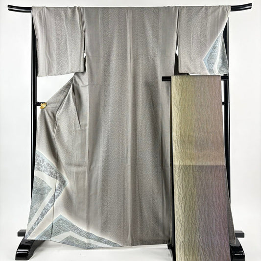 【美品】 付下 身長166cm 袖長67.5cm L 雙層 袋帶套裝 草花紋紋 寄花圖案 漸層 灰茶 純蠶絲 優品級