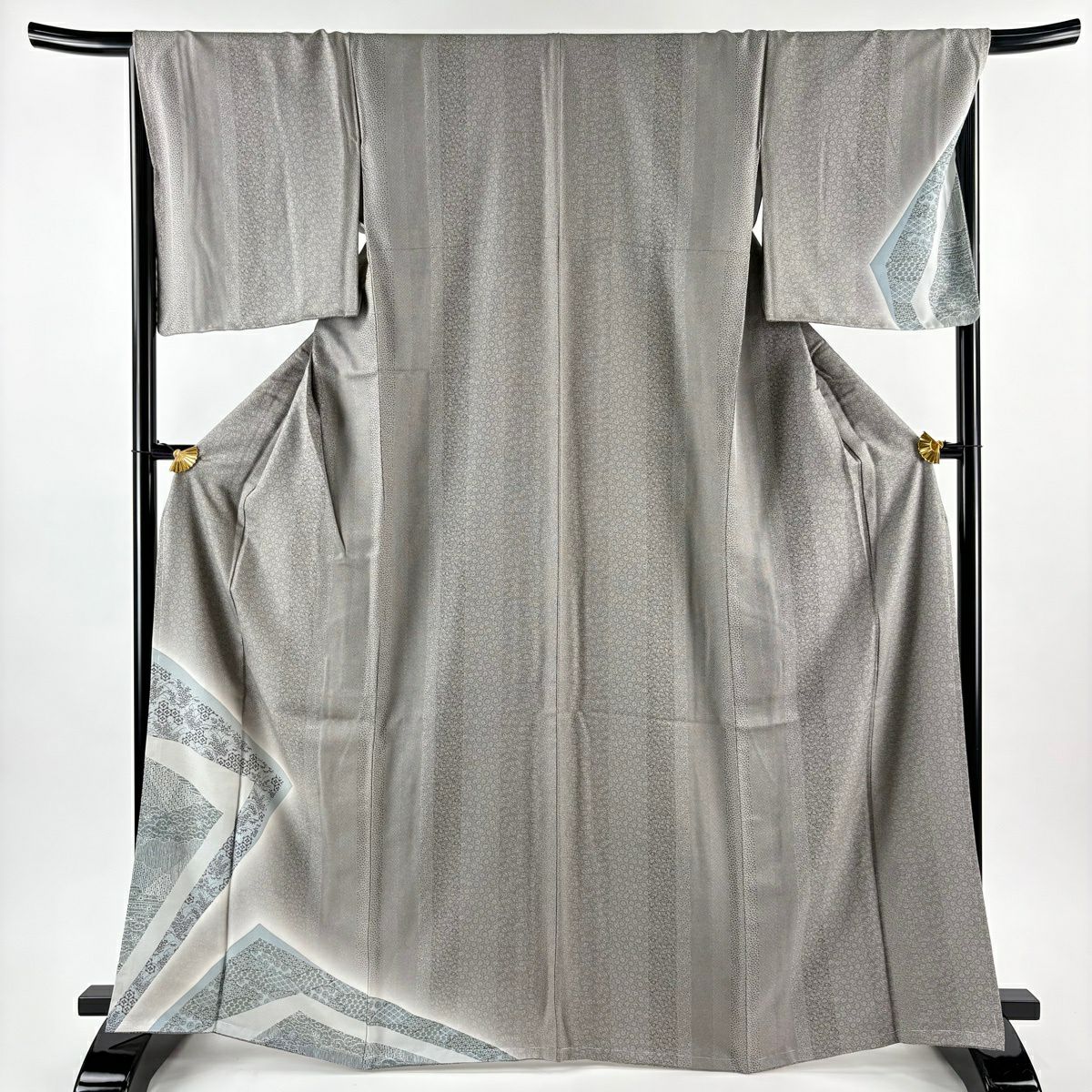 【美品】 付下 身長166cm 袖長67.5cm L 雙層 袋帶套裝 草花紋紋 寄花圖案 漸層 灰茶 純蠶絲 優品級