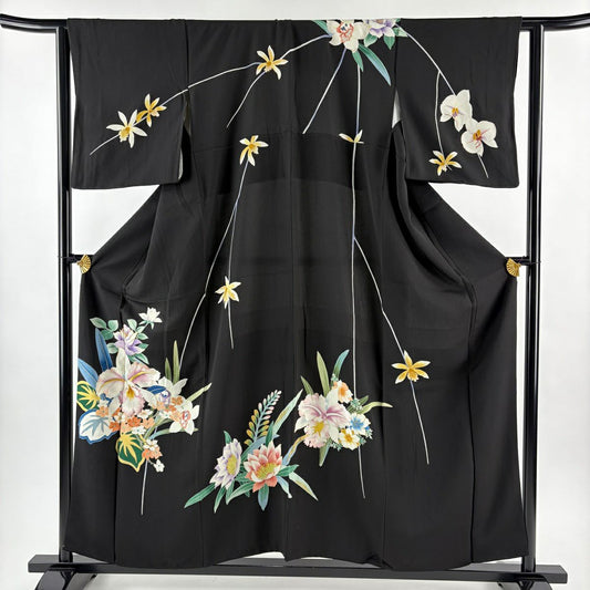 訪問服 身長156cm 袖長63cm S 雙層 大羊居 落款 草花紋紋 刺繡 金銀彩 黑 純蠶絲 逸品級