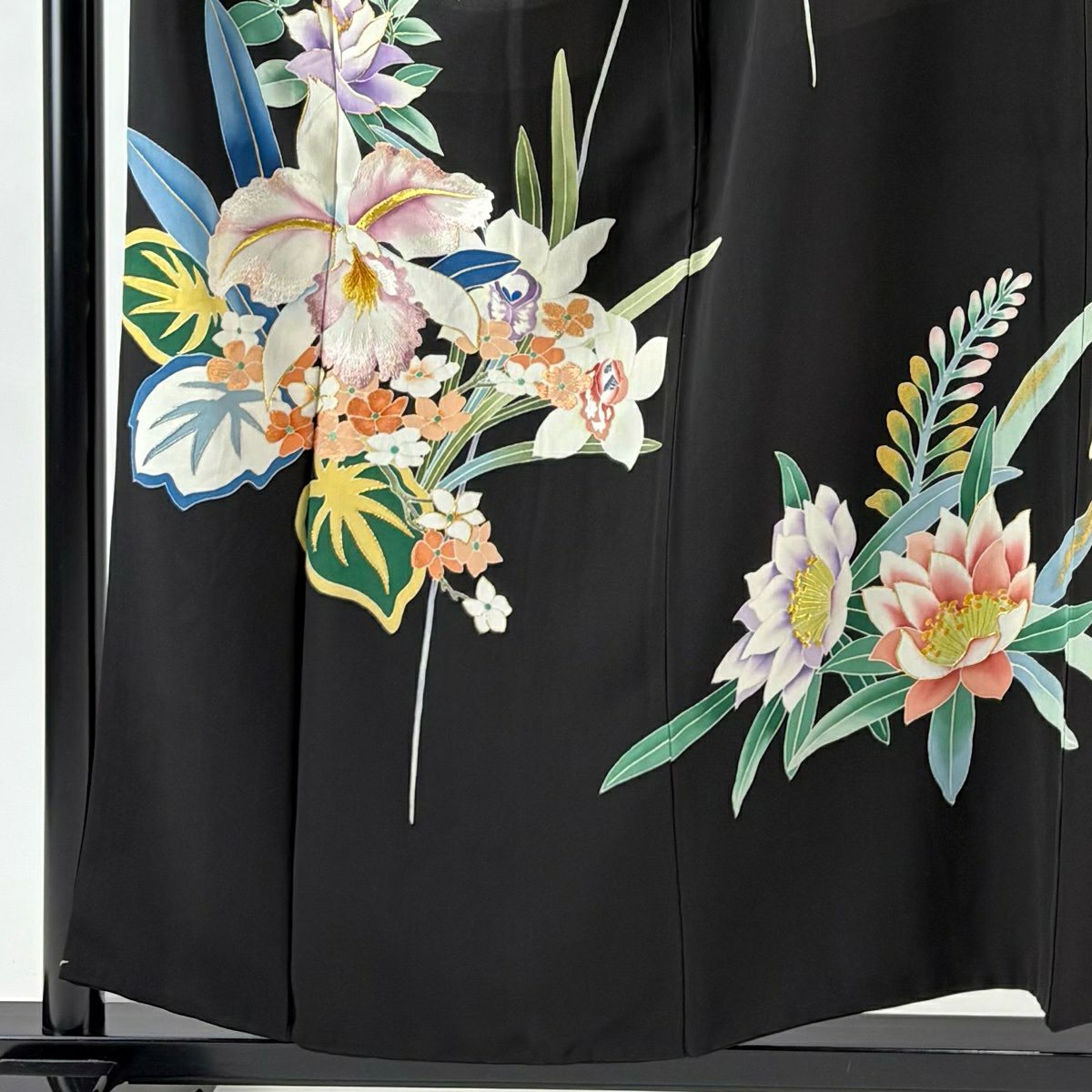 訪問服 身長156cm 袖長63cm S 雙層 大羊居 落款 草花紋紋 刺繡 金銀彩 黑 純蠶絲 逸品級