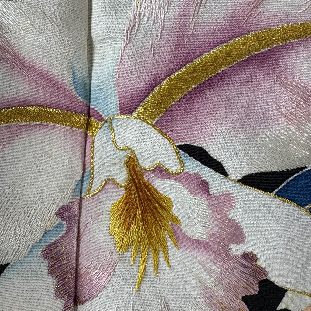 訪問服 身長156cm 袖長63cm S 雙層 大羊居 落款 草花紋紋 刺繡 金銀彩 黑 純蠶絲 逸品級