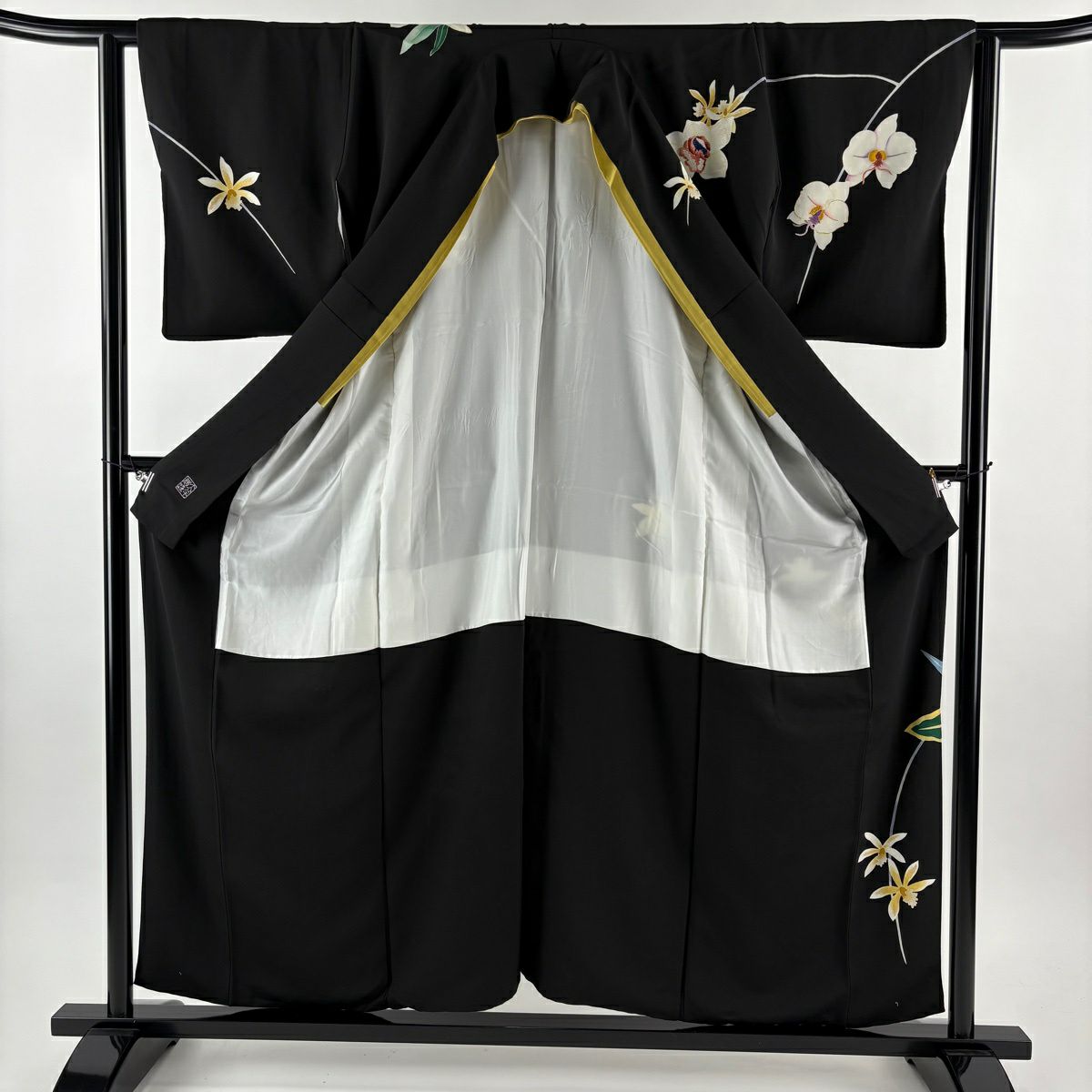 訪問服 身長156cm 袖長63cm S 雙層 大羊居 落款 草花紋紋 刺繡 金銀彩 黑 純蠶絲 逸品級