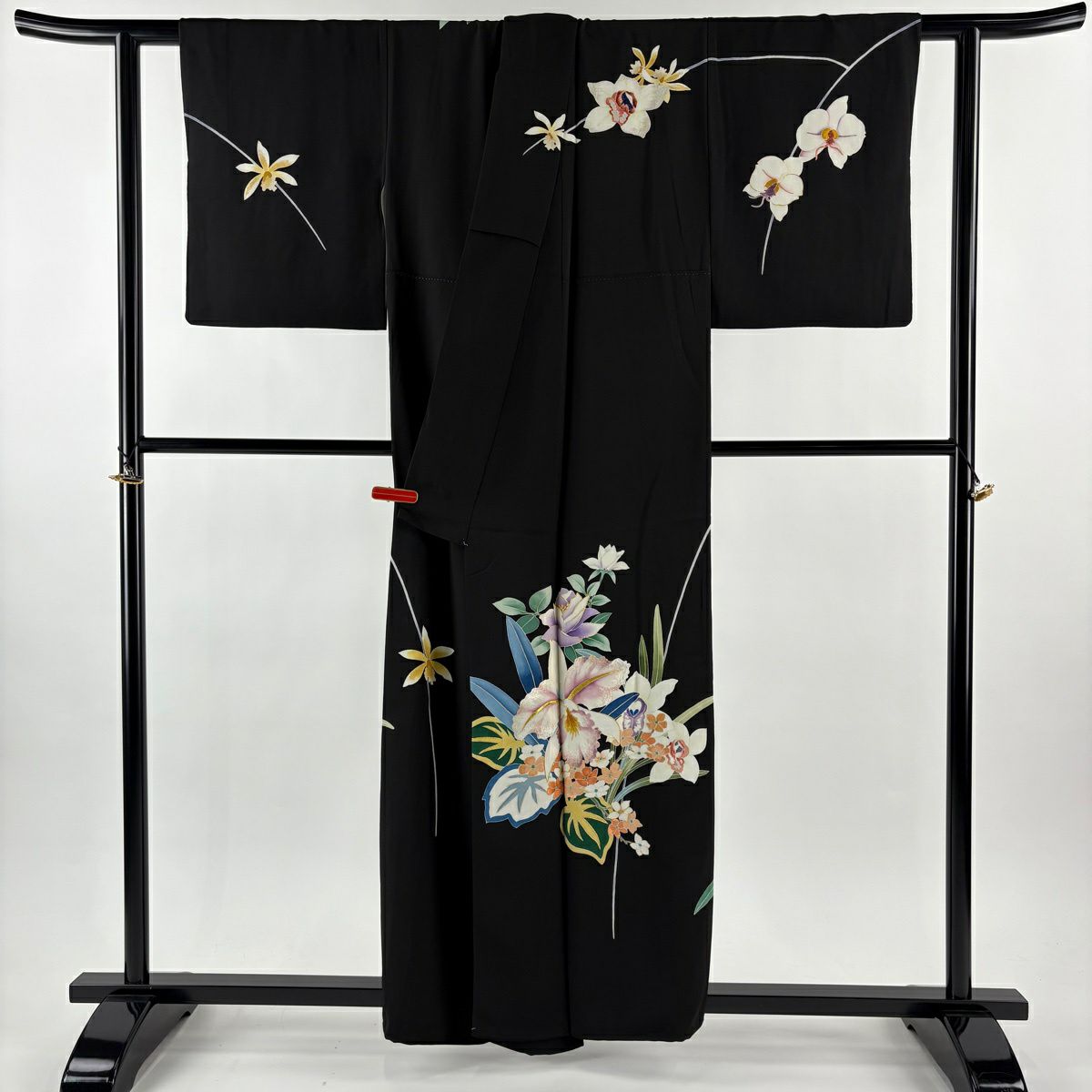 訪問服 身長156cm 袖長63cm S 雙層 大羊居 落款 草花紋紋 刺繡 金銀彩 黑 純蠶絲 逸品級