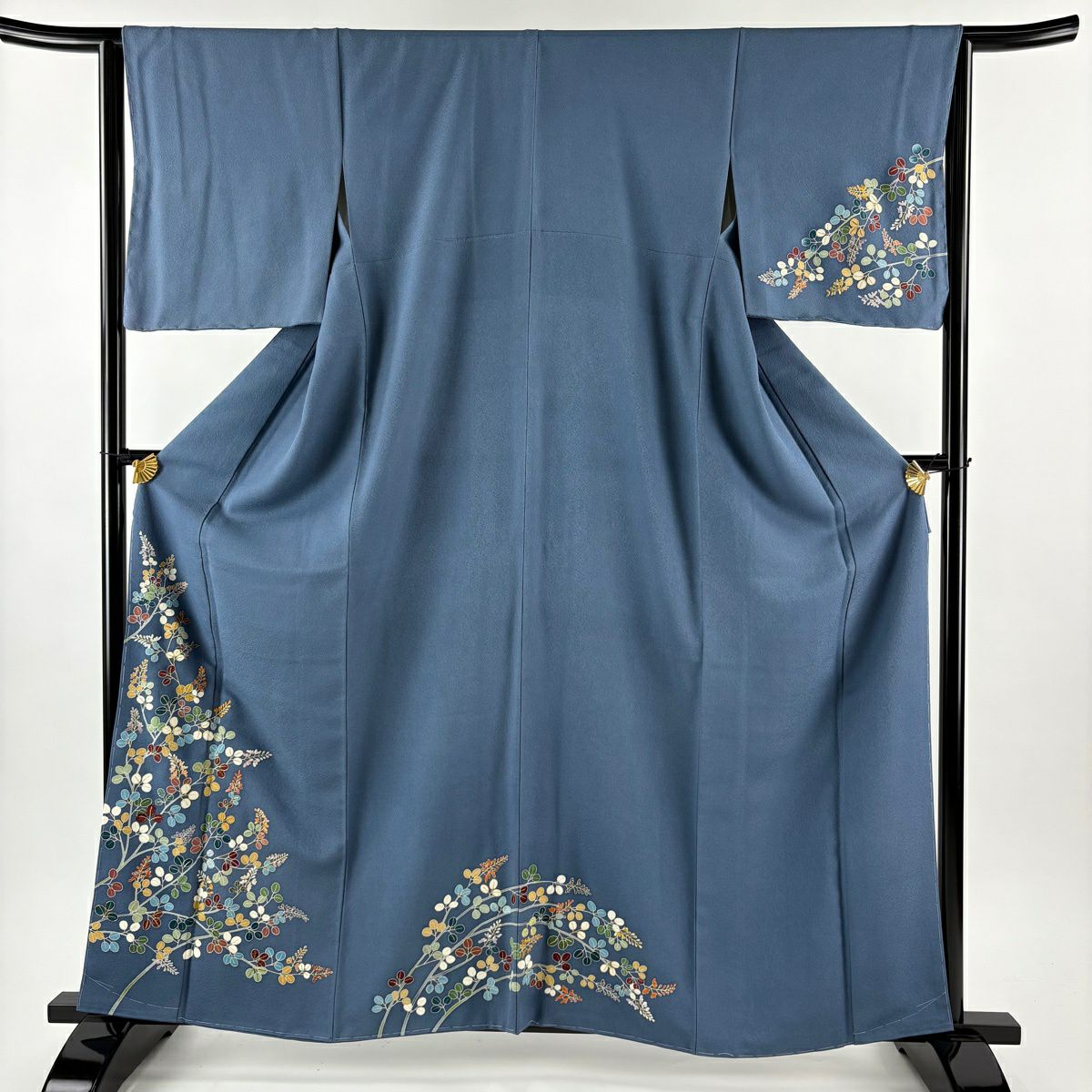付下 身長162cm 袖長64.5cm M 雙層 大羊居 落款あり 萩 刺繡 金絲 青灰色 純蠶絲 逸品級