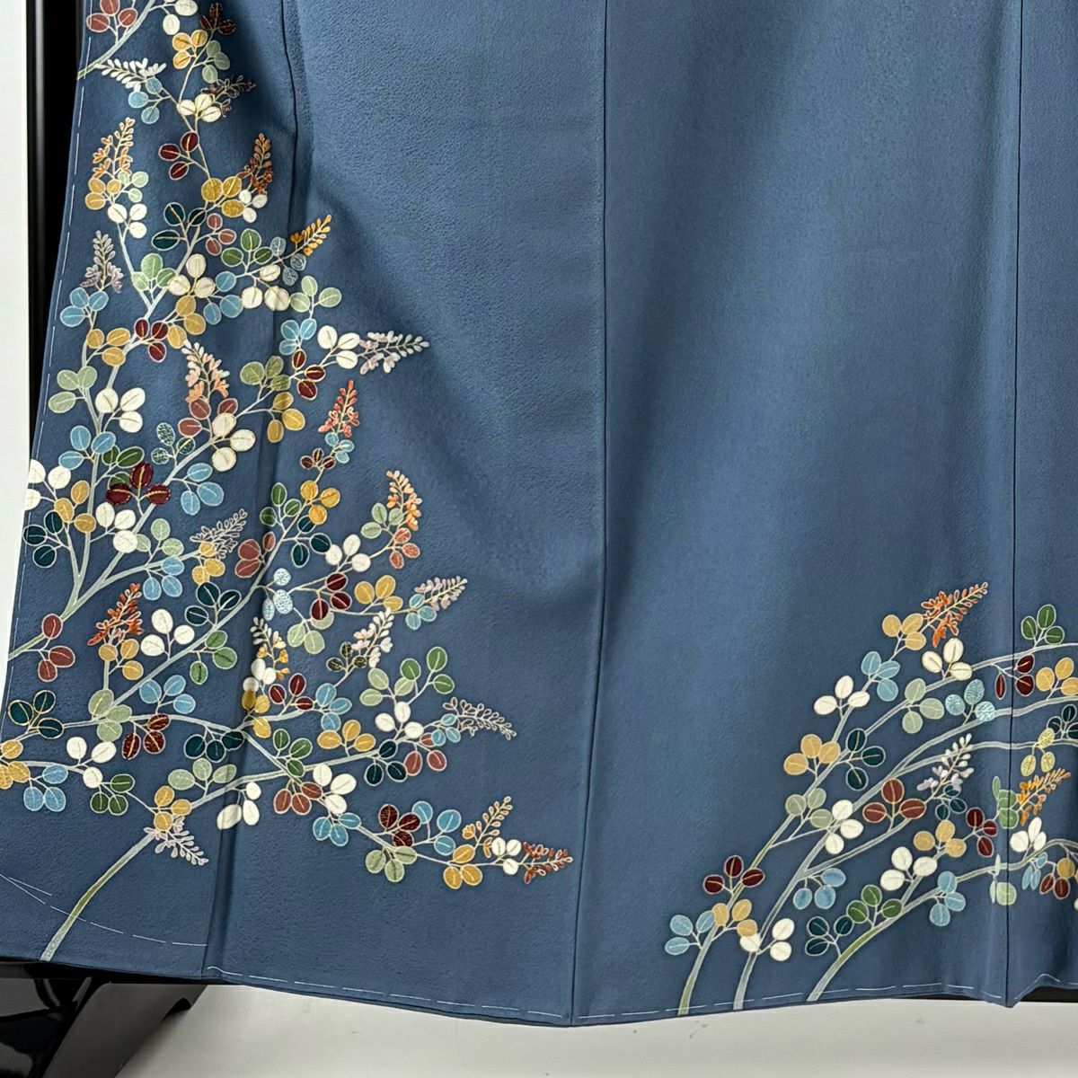 付下 身長162cm 袖長64.5cm M 雙層 大羊居 落款あり 萩 刺繡 金絲 青灰色 純蠶絲 逸品級