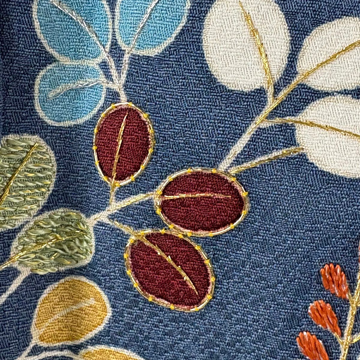 付下 身長162cm 袖長64.5cm M 雙層 大羊居 落款あり 萩 刺繡 金絲 青灰色 純蠶絲 逸品級