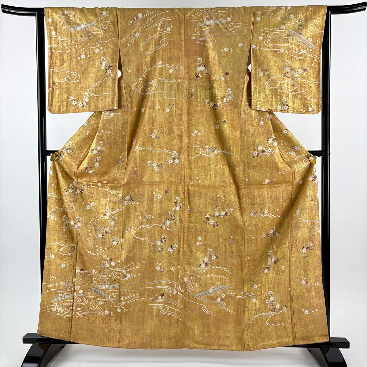 【美品】訪問服 身長163cm 袖長63.5cm S 雙層 花筏 流水 金銀彩 金茶 純蠶絲 秀品級