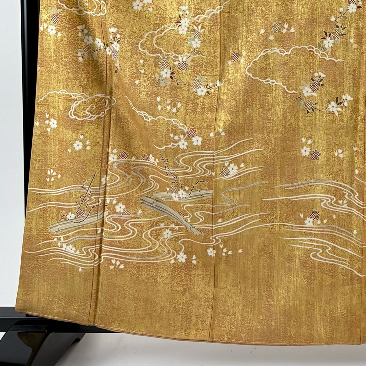 【美品】訪問服 身長163cm 袖長63.5cm S 雙層 花筏 流水 金銀彩 金茶 純蠶絲 秀品級