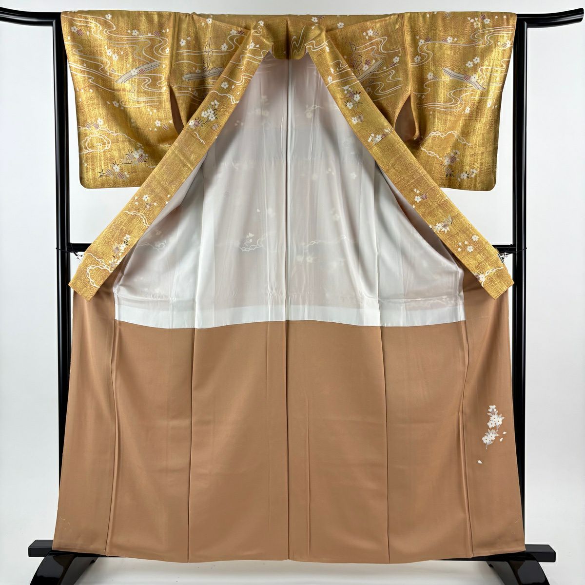 【美品】訪問服 身長163cm 袖長63.5cm S 雙層 花筏 流水 金銀彩 金茶 純蠶絲 秀品級