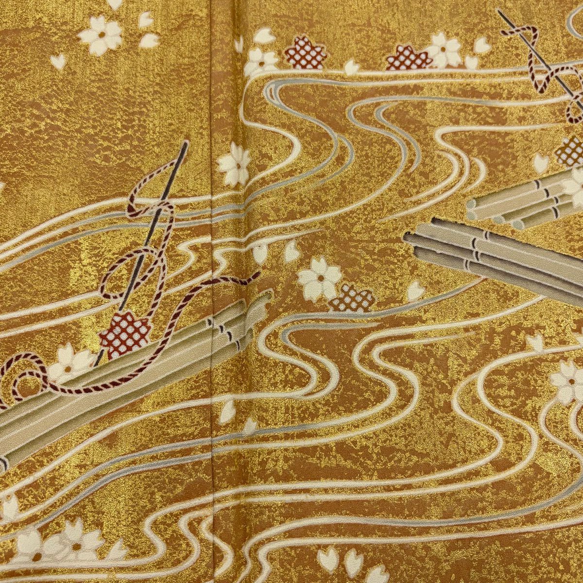 【美品】訪問服 身長163cm 袖長63.5cm S 雙層 花筏 流水 金銀彩 金茶 純蠶絲 秀品級