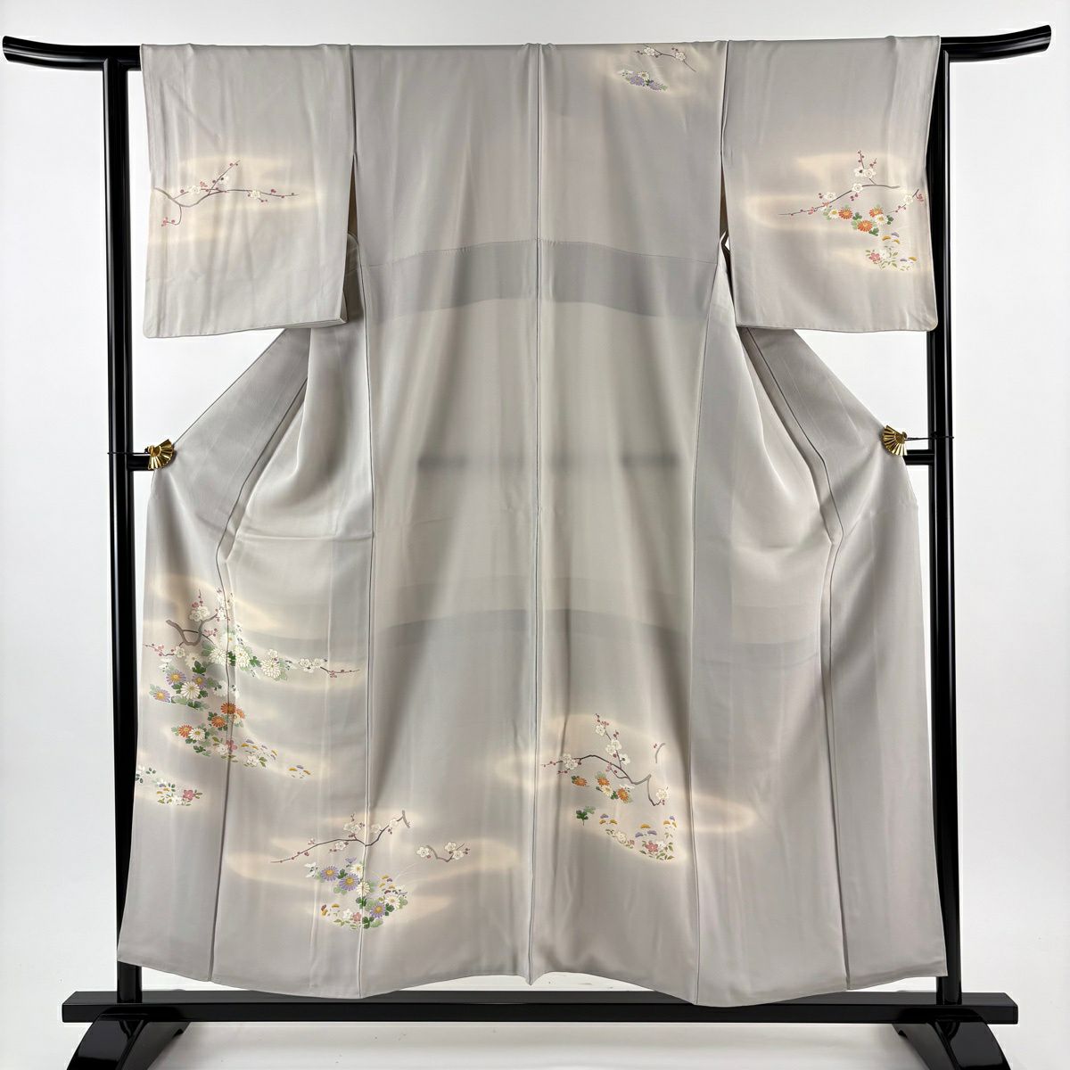 付下 身長155cm 袖長64cm M 雙層 菊花 枝梅花 金絲 金銀彩 灰 純蠶絲 優品級