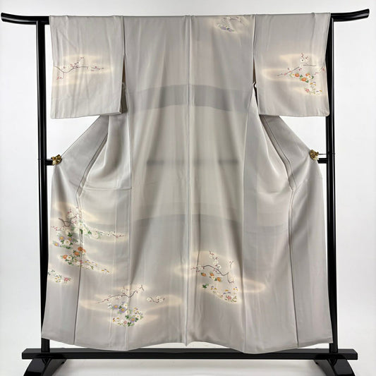 付下 身長155cm 袖長64cm M 雙層 菊花 枝梅花 金絲 金銀彩 灰 純蠶絲 優品級
