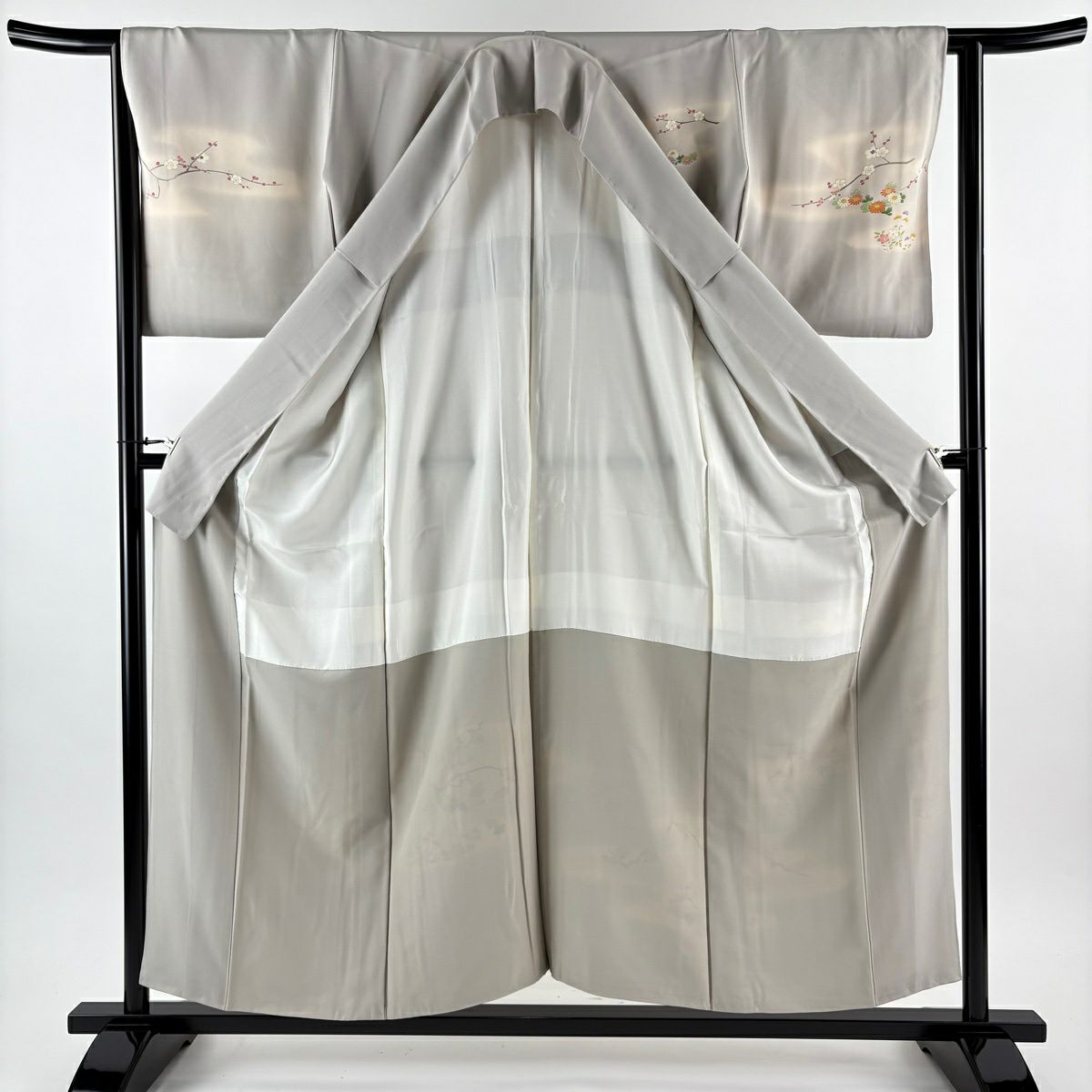 付下 身長155cm 袖長64cm M 雙層 菊花 枝梅花 金絲 金銀彩 灰 純蠶絲 優品級