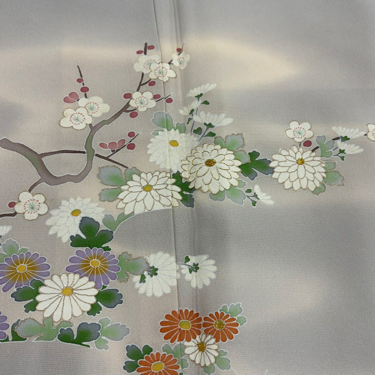 付下 身長155cm 袖長64cm M 雙層 菊花 枝梅花 金絲 金銀彩 灰 純蠶絲 優品級