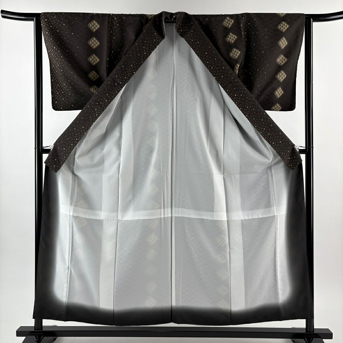 【美品】 小紋 身長156.5cm 袖長62cm S 雙層 鱗 菱 金銀彩 焦茶 純蠶絲 秀品級