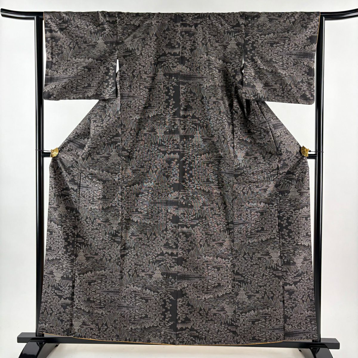 紬織 身長160.5cm 袖長64cm M 雙層 建物 樹木 焦茶 純蠶絲 秀品級
