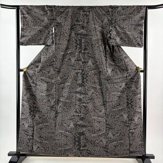 紬織 身長160.5cm 袖長64cm M 雙層 建物 樹木 焦茶 純蠶絲 秀品級