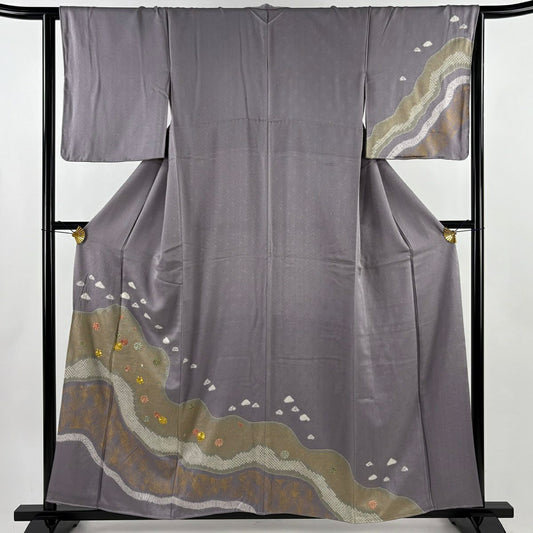 訪問服 身長157cm 袖長64cm M 雙層 菊花 梅花 金糸 絞染 淺紫 純蠶絲 優品級