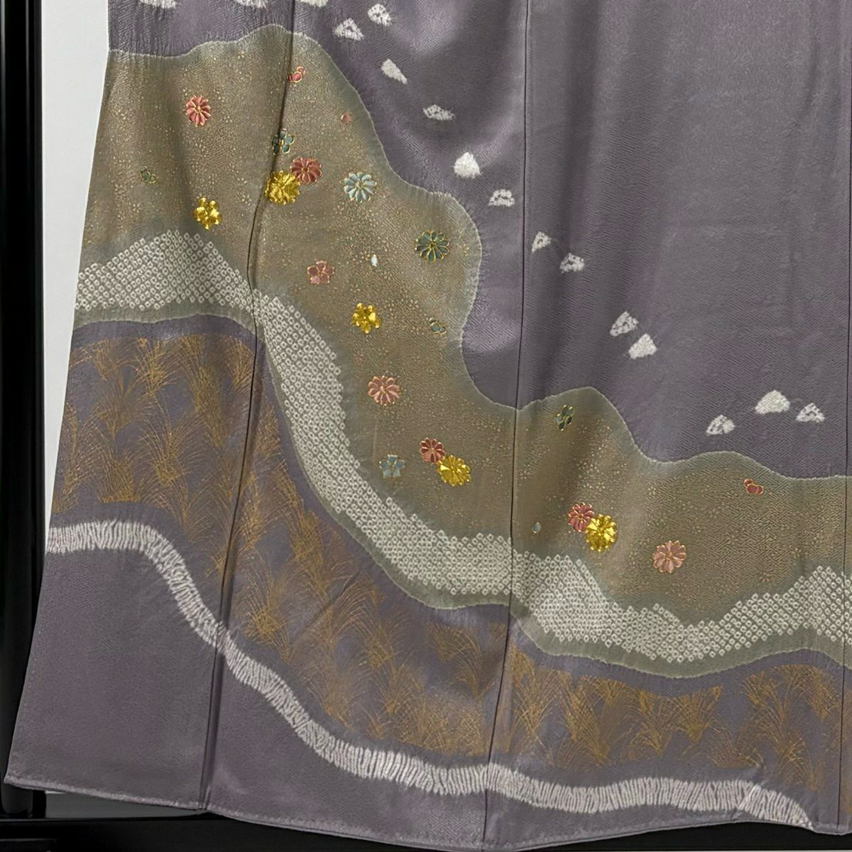 訪問服 身長157cm 袖長64cm M 雙層 菊花 梅花 金糸 絞染 淺紫 純蠶絲 優品級