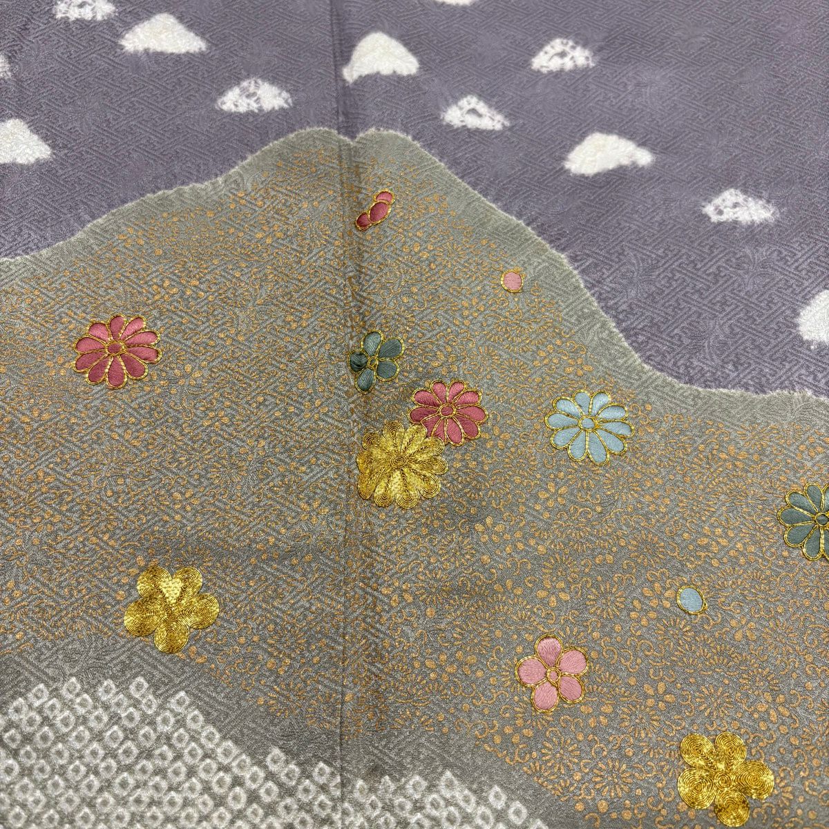 訪問服 身長157cm 袖長64cm M 雙層 菊花 梅花 金糸 絞染 淺紫 純蠶絲 優品級