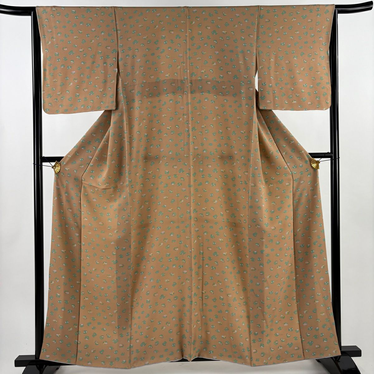 小紋 身長158.5cm 袖長65cm M 雙層 花 幾何圖案 淺茶 純蠶絲 優品級