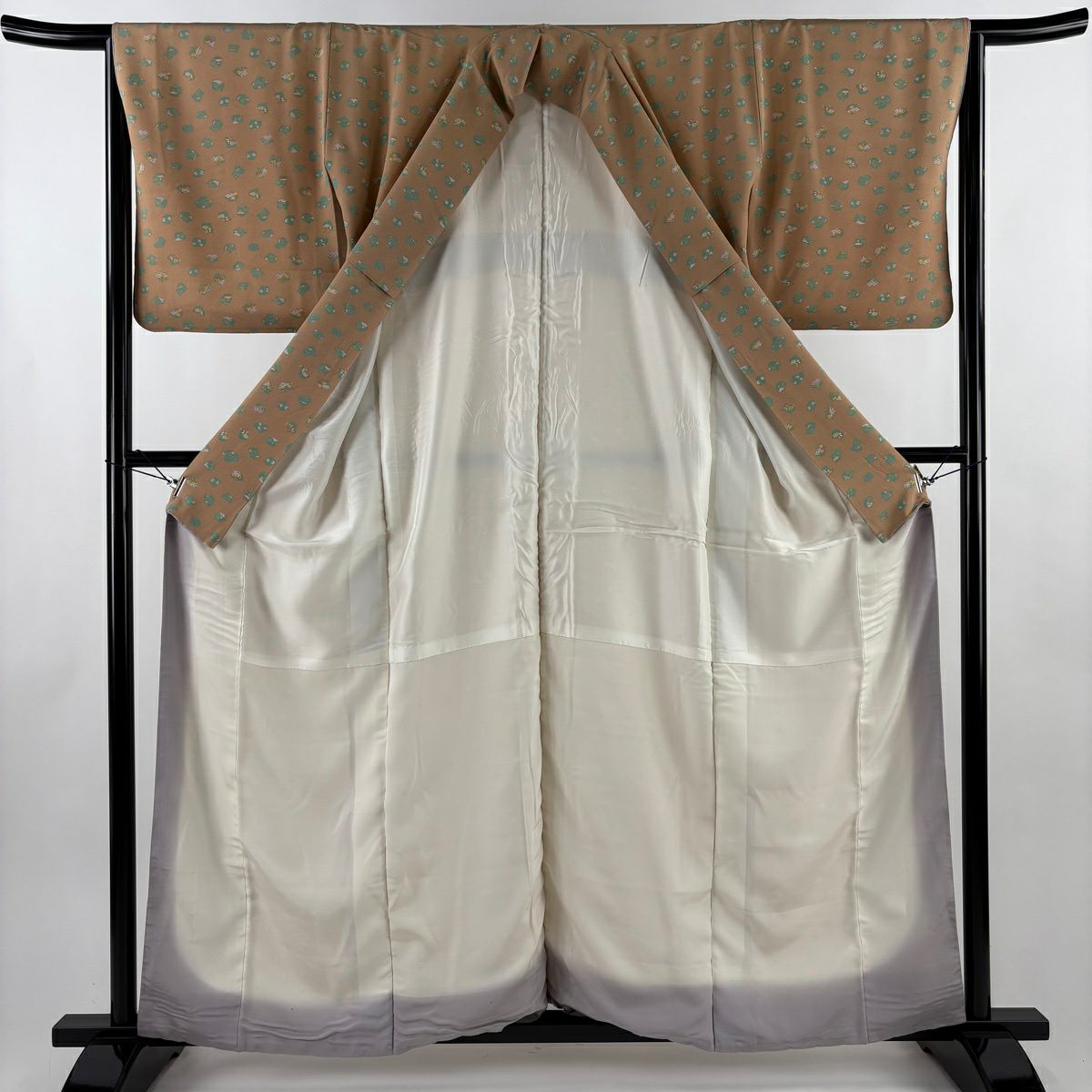 小紋 身長158.5cm 袖長65cm M 雙層 花 幾何圖案 淺茶 純蠶絲 優品級
