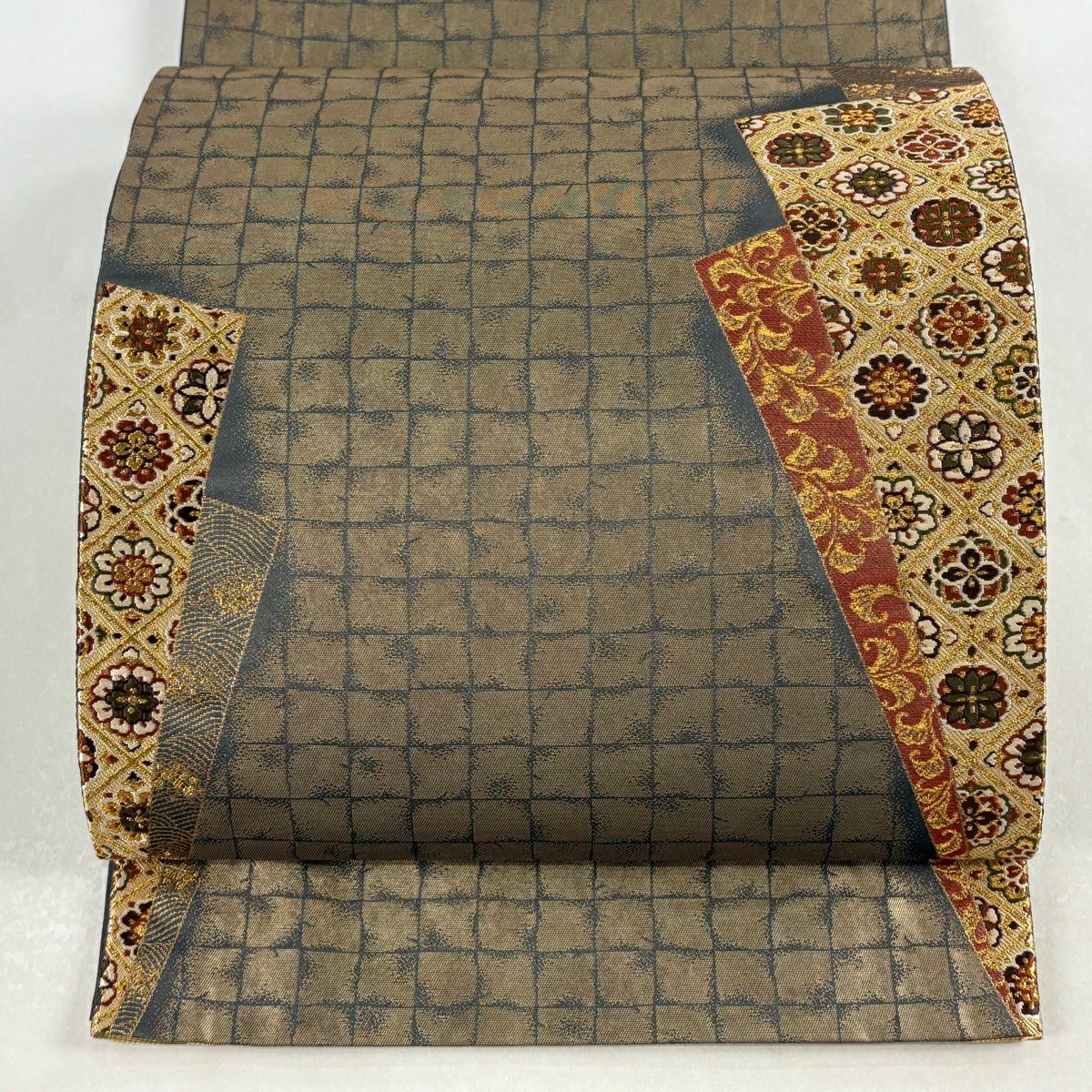 袋帶 名品級 加納幸 落款 華紋 唐草紋 刺繡 金絲 灰茶 六通 純蠶絲