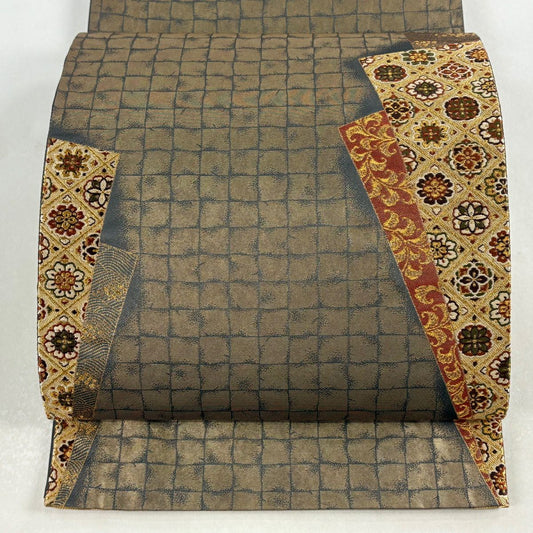 袋帶 名品級 加納幸 落款 華紋 唐草紋 刺繡 金絲 灰茶 六通 純蠶絲