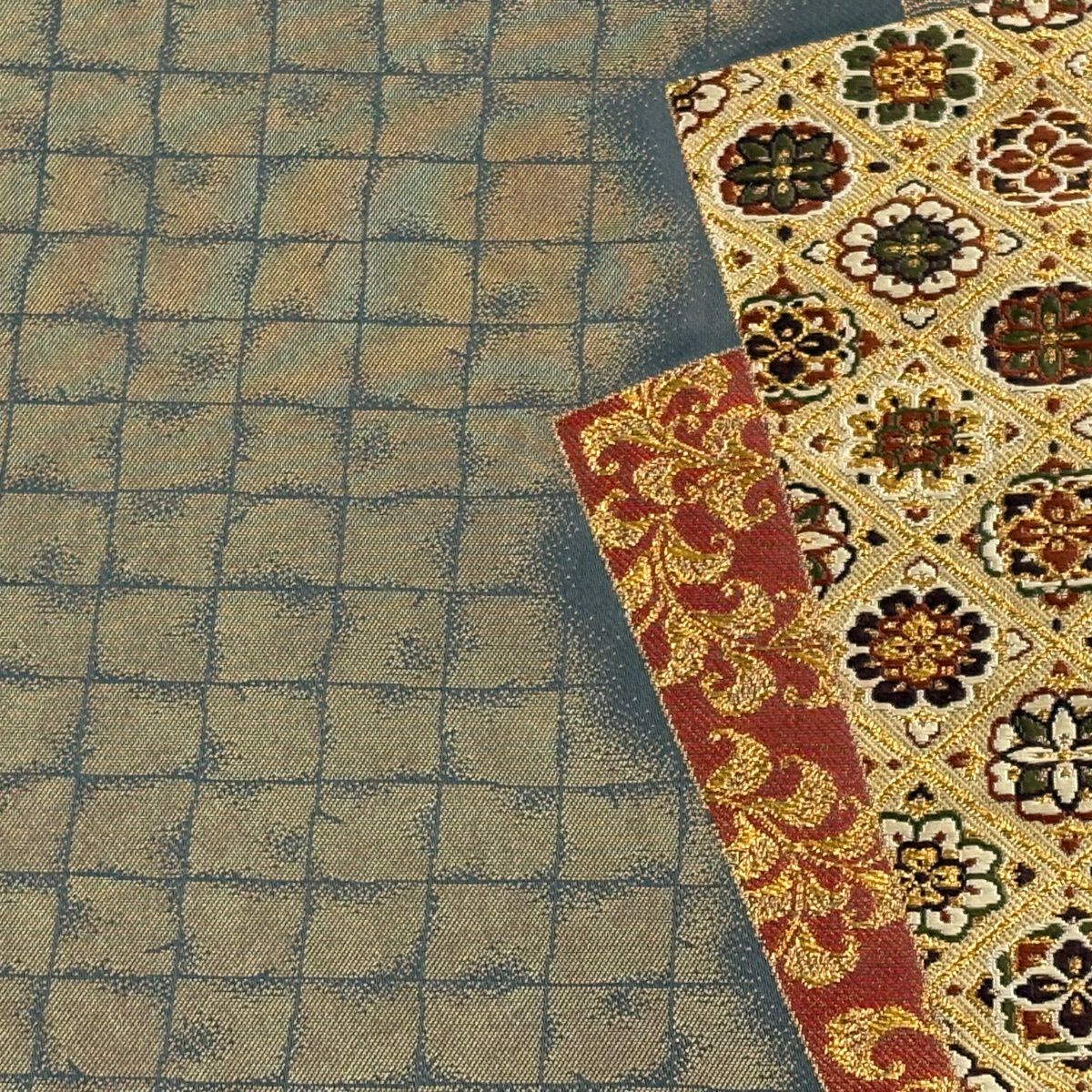 袋帶 名品級 加納幸 落款 華紋 唐草紋 刺繡 金絲 灰茶 六通 純蠶絲