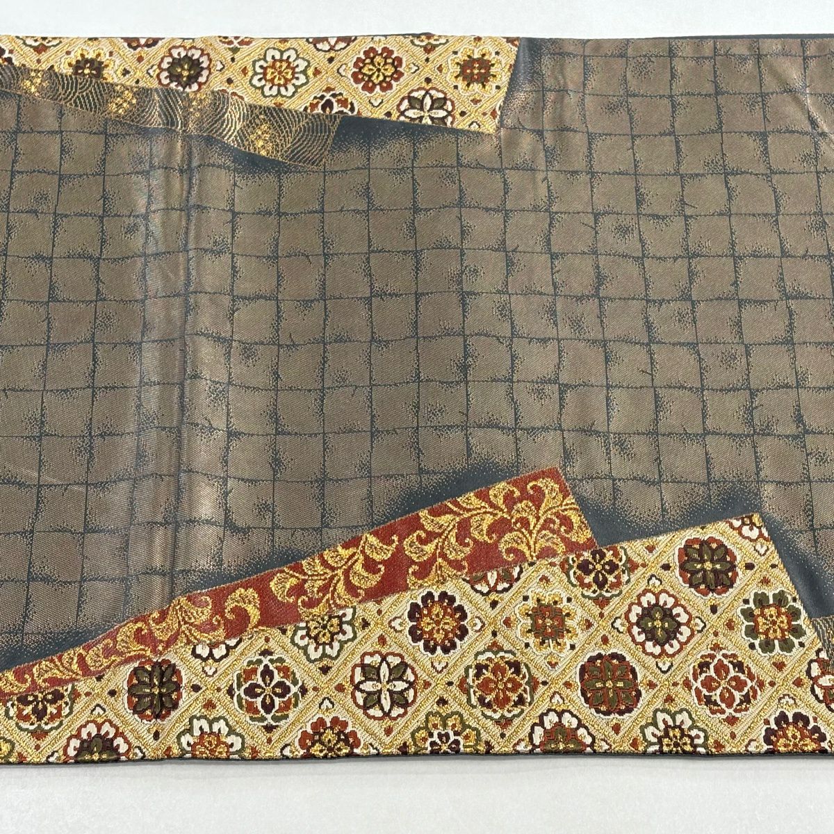 袋帶 名品級 加納幸 落款 華紋 唐草紋 刺繡 金絲 灰茶 六通 純蠶絲