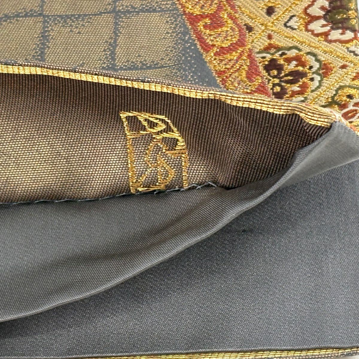 袋帶 名品級 加納幸 落款 華紋 唐草紋 刺繡 金絲 灰茶 六通 純蠶絲