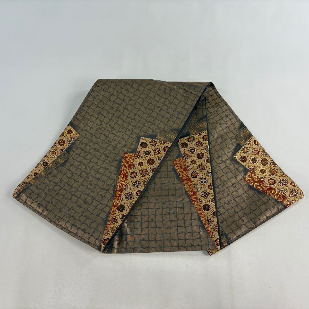 袋帶 名品級 加納幸 落款 華紋 唐草紋 刺繡 金絲 灰茶 六通 純蠶絲