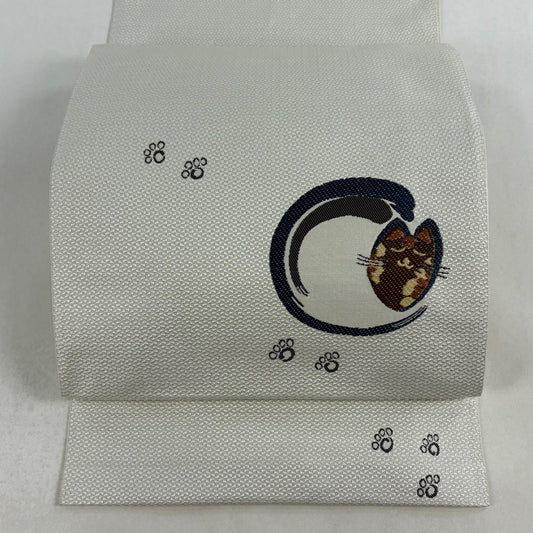 【美品】 名古屋帶 名品級 八寸名古屋帶 松樹葉仕立 納貓足跡 灰白 純蠶絲