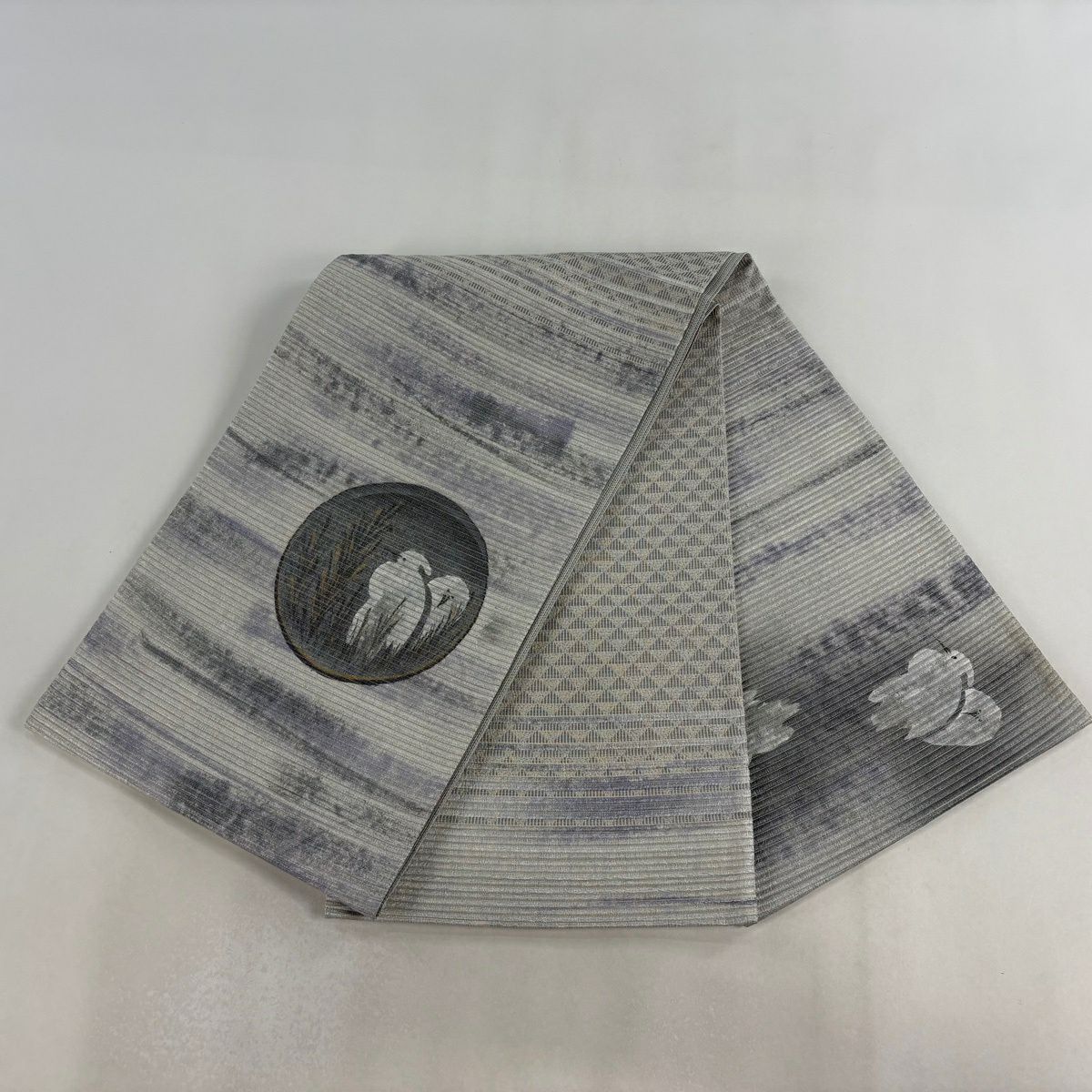 袋帶 名品級 圓文 鳥 銀線 金銀彩 灰 純蠶絲