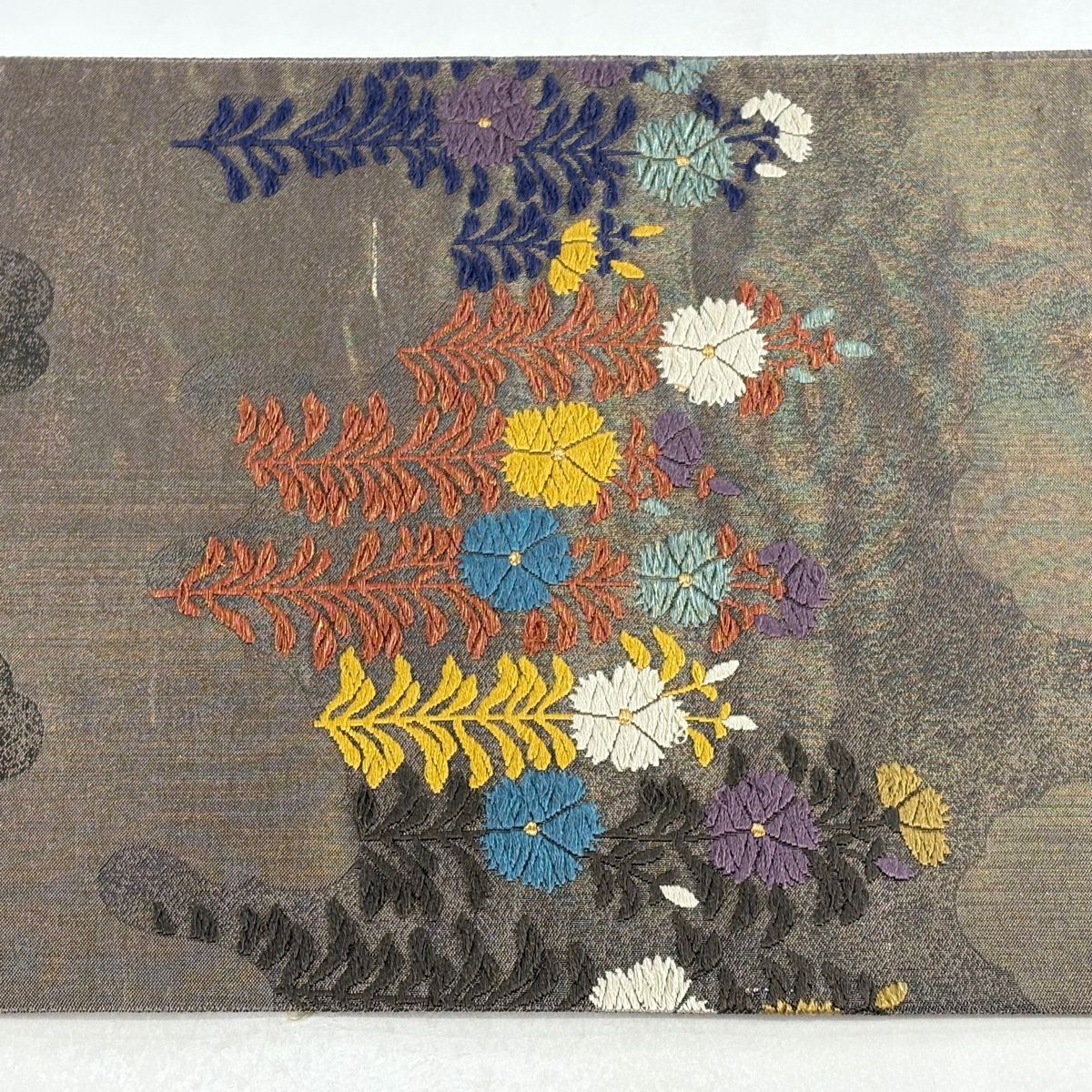 袋帶 名品級 じゅらく 落款あり 段霞撫子紋樣 金絲 唐織 茶綠 六通 純蠶絲