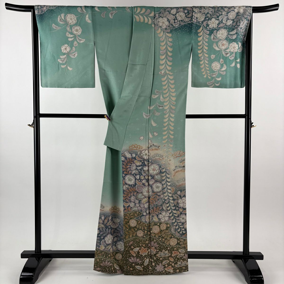 訪問服 身長163.5cm 袖長67cm M 雙層 吉乃一廉 落款あり 辻花染 銀通し 漸層 薄綠 純蠶絲 逸品級