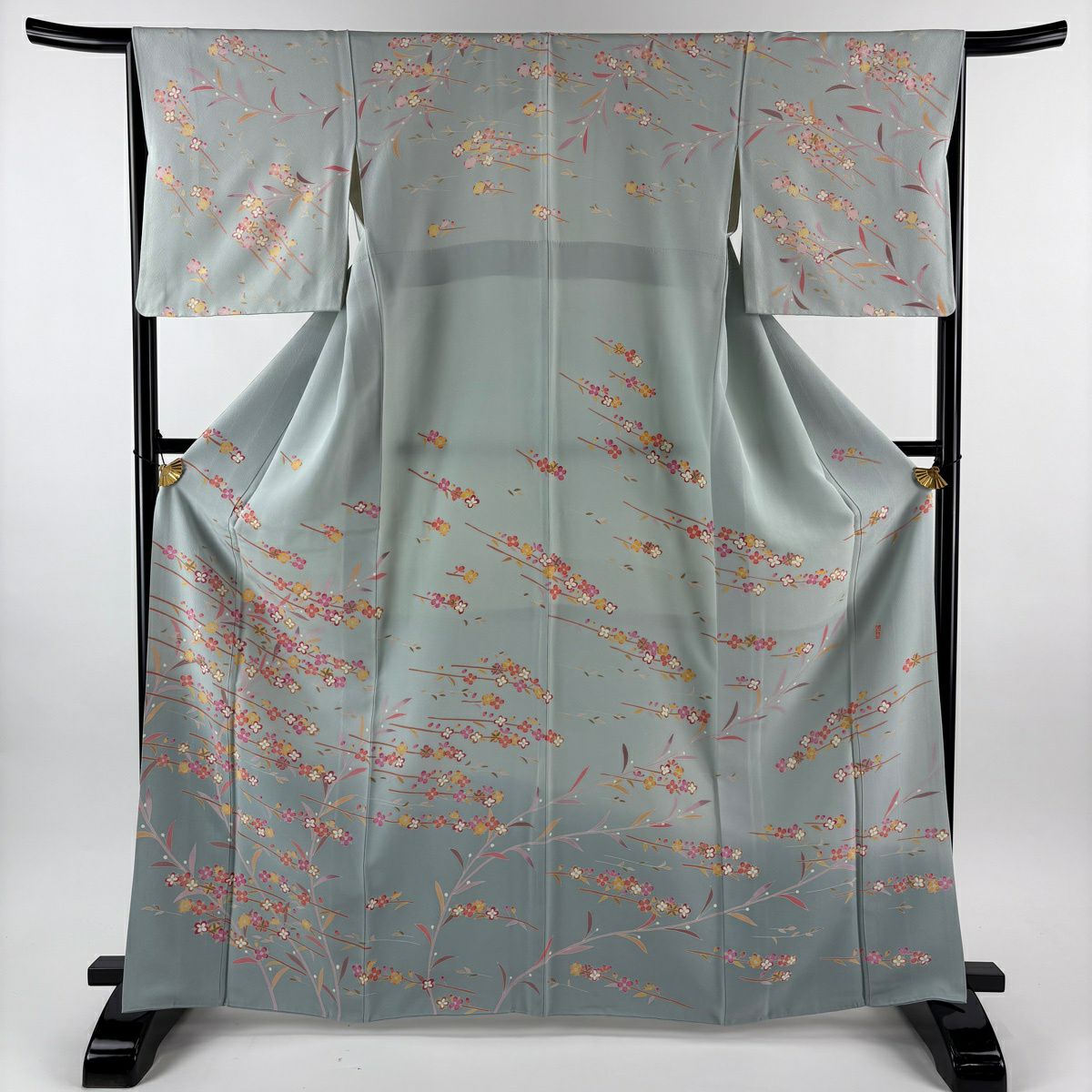 【美品】訪問服 身長165cm 袖長67cm M 雙層 落款あり 枝花 漸層 水色 純蠶絲 逸品級