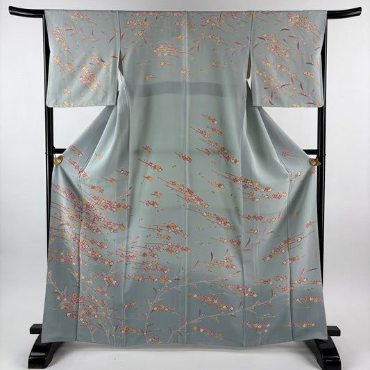 【美品】訪問服 身長165cm 袖長67cm M 雙層 落款あり 枝花 漸層 水色 純蠶絲 逸品級