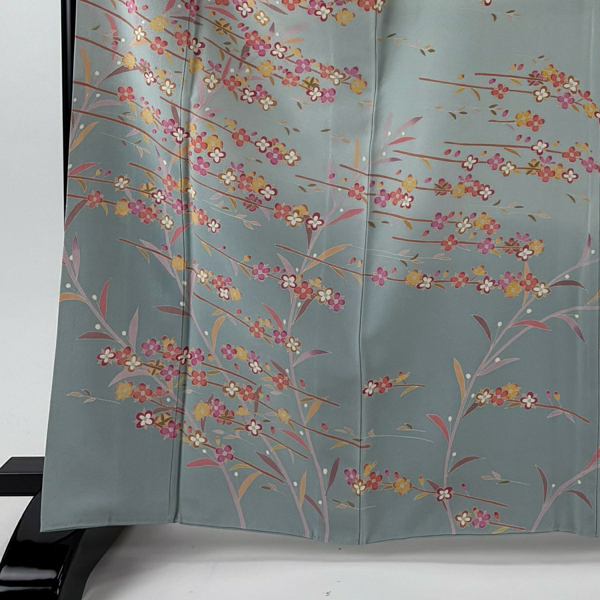 【美品】訪問服 身長165cm 袖長67cm M 雙層 落款あり 枝花 漸層 水色 純蠶絲 逸品級