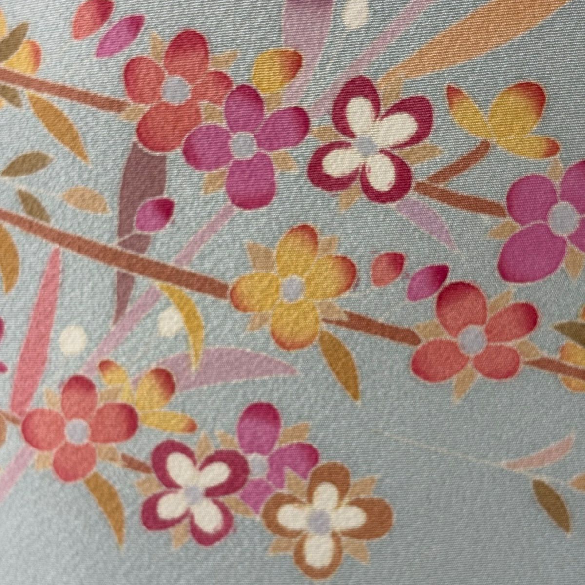 【美品】訪問服 身長165cm 袖長67cm M 雙層 落款あり 枝花 漸層 水色 純蠶絲 逸品級