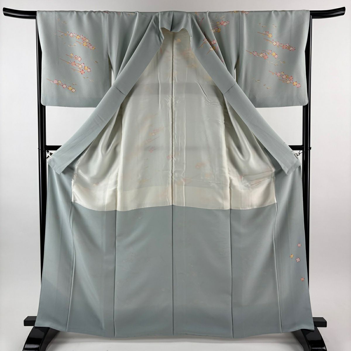 【美品】訪問服 身長165cm 袖長67cm M 雙層 落款あり 枝花 漸層 水色 純蠶絲 逸品級