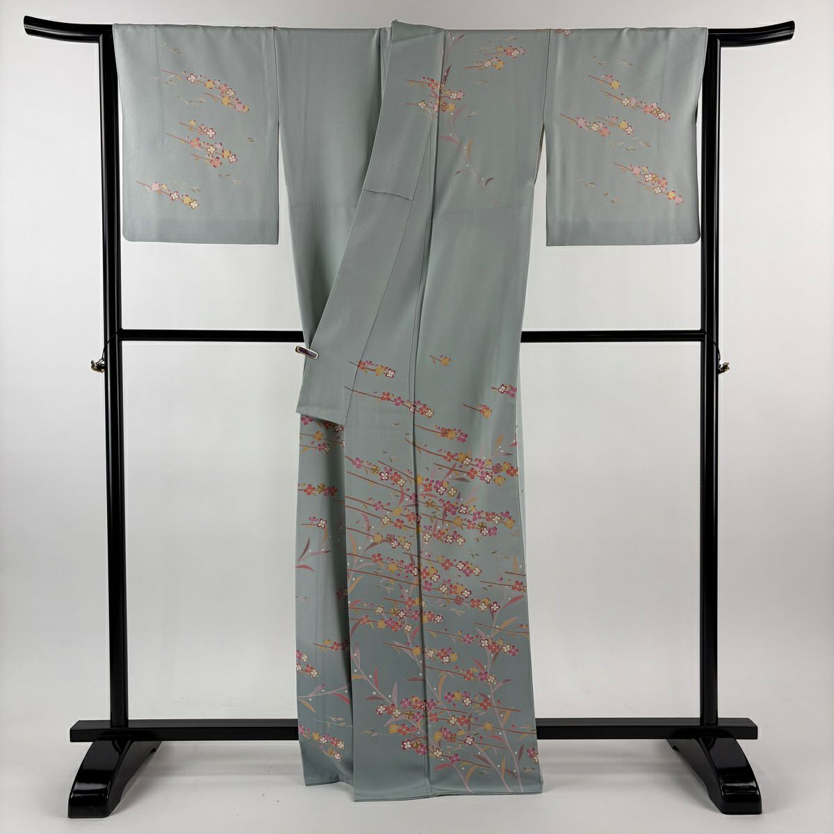 【美品】訪問服 身長165cm 袖長67cm M 雙層 落款あり 枝花 漸層 水色 純蠶絲 逸品級