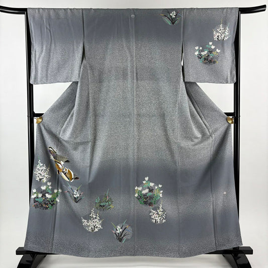 【美品】訪問服 身長161cm 袖長65.5cm M 雙層 TOKIO et TOKI 落款 鴛鴦 枝梅花 金銀彩 灰 純蠶絲 逸品級 一つ紋
