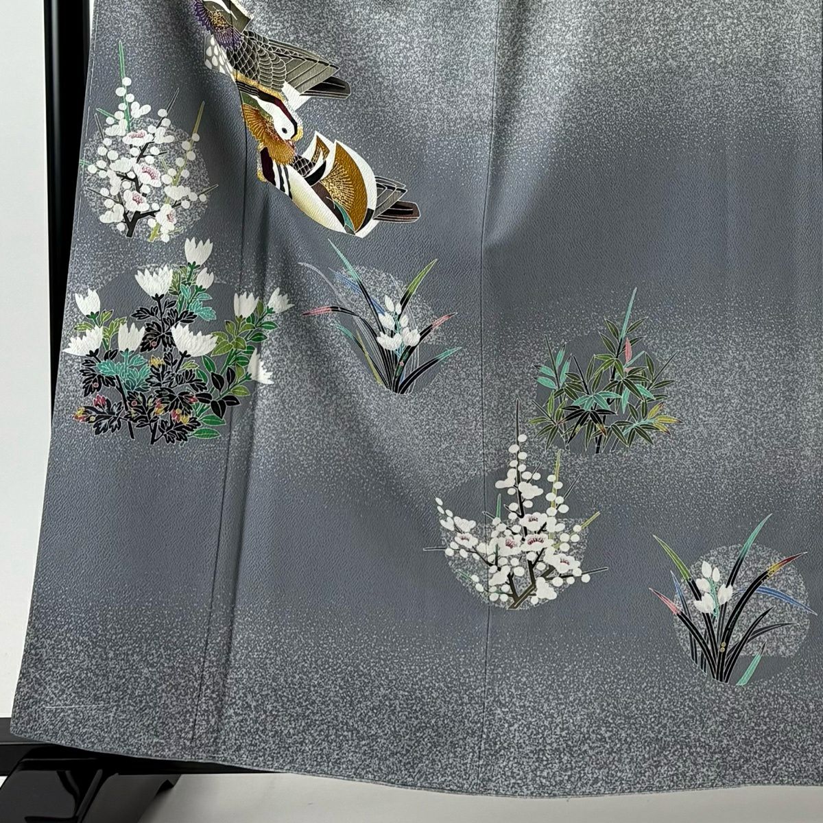 【美品】訪問服 身長161cm 袖長65.5cm M 雙層 TOKIO et TOKI 落款 鴛鴦 枝梅花 金銀彩 灰 純蠶絲 逸品級 一つ紋