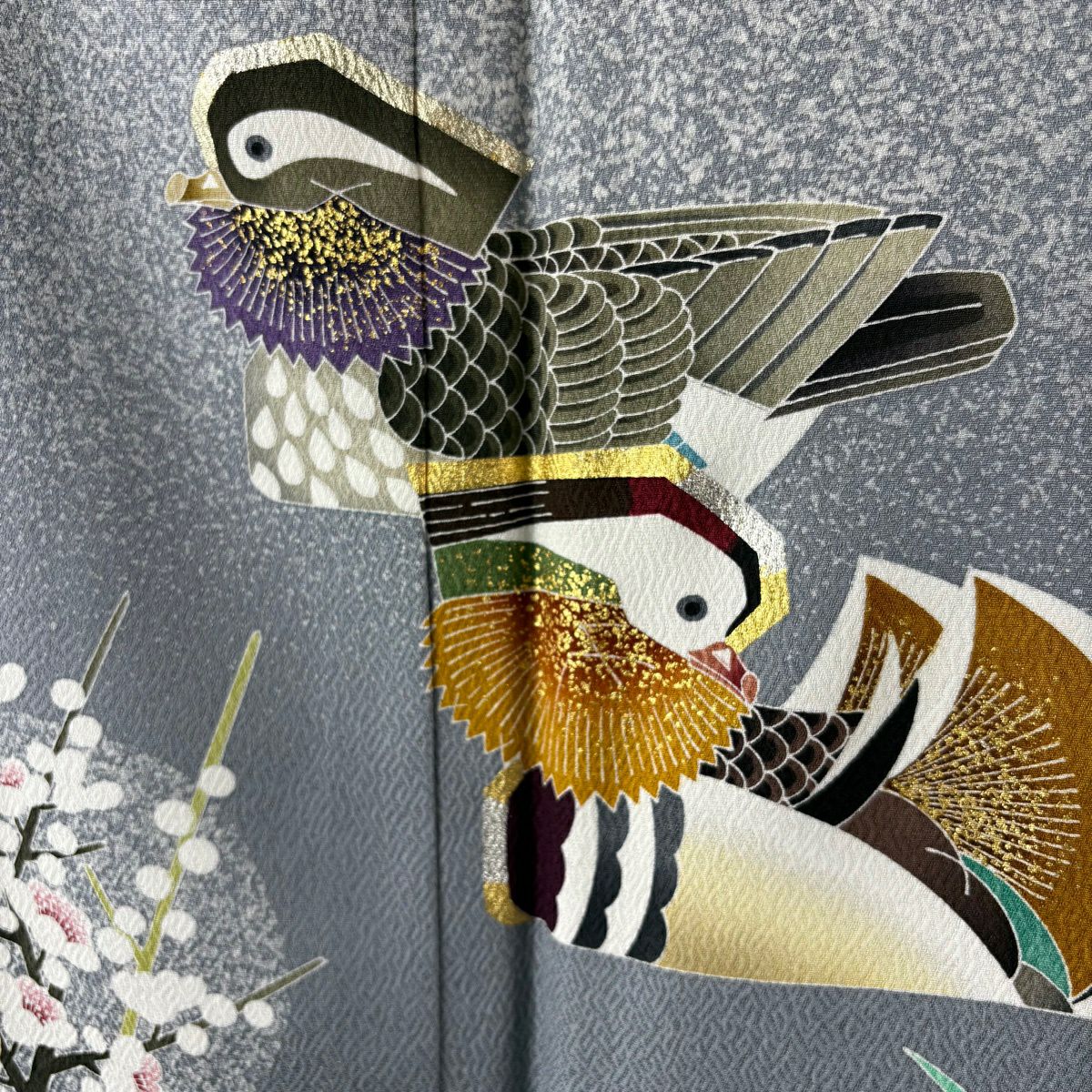 【美品】訪問服 身長161cm 袖長65.5cm M 雙層 TOKIO et TOKI 落款 鴛鴦 枝梅花 金銀彩 灰 純蠶絲 逸品級 一つ紋