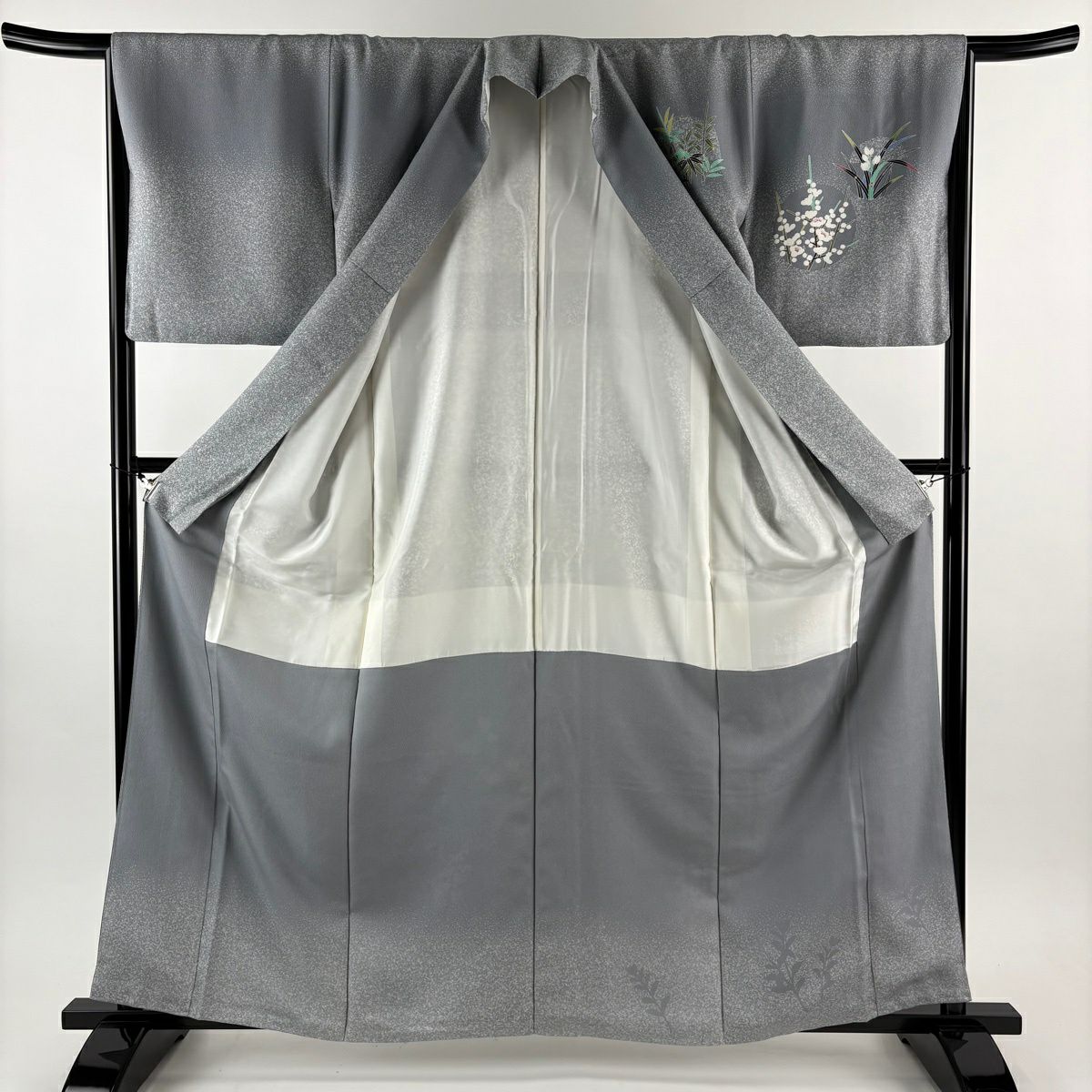 【美品】訪問服 身長161cm 袖長65.5cm M 雙層 TOKIO et TOKI 落款 鴛鴦 枝梅花 金銀彩 灰 純蠶絲 逸品級 一つ紋