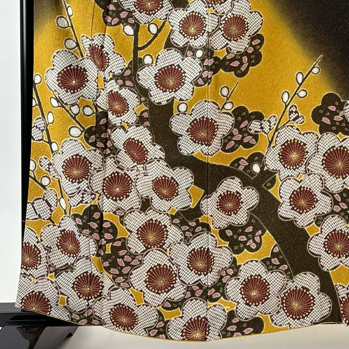 振袖禮服 身長161.5cm 袖長68cm L 雙層 枝梅花 櫻花花瓣 銀通 金銀彩 黃土 純蠶絲 逸品級