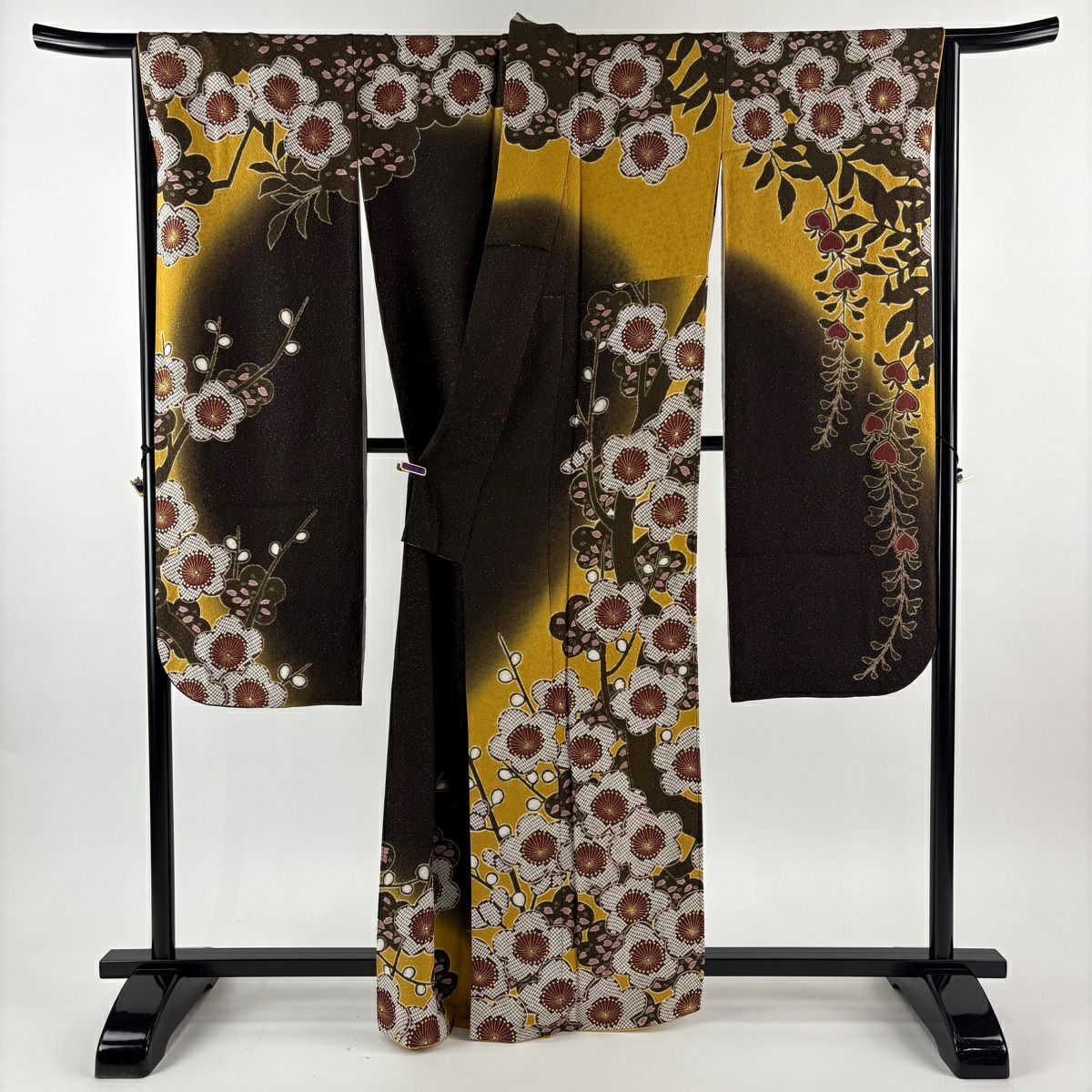 振袖禮服 身長161.5cm 袖長68cm L 雙層 枝梅花 櫻花花瓣 銀通 金銀彩 黃土 純蠶絲 逸品級