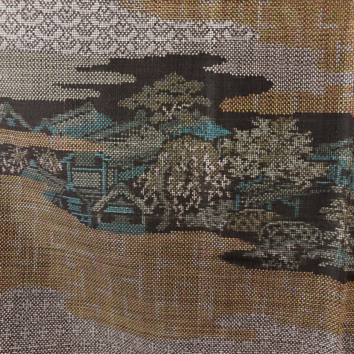 【美品】 大島紬織 身長166.5cm 袖長65.5cm M 雙層 純泥染 證書附帶 霞 建物 茶 正蠶絲 逸品級