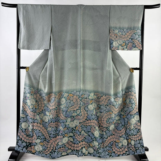 【美品】 付下 身長164cm 袖長66.5cm M 雙層 辻花染 金銀彩 漸層 青灰 純蠶絲 名品級